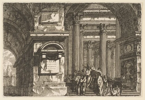 Funerary Scene in a Temple by Pierre Moreau, print, 1755-1765