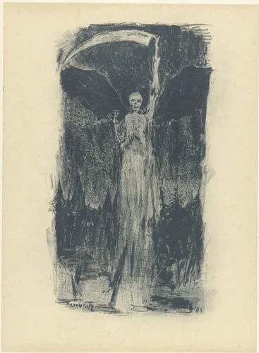 Dood verschijnt aan hemel boven kasteel by Unknown, print, 1885