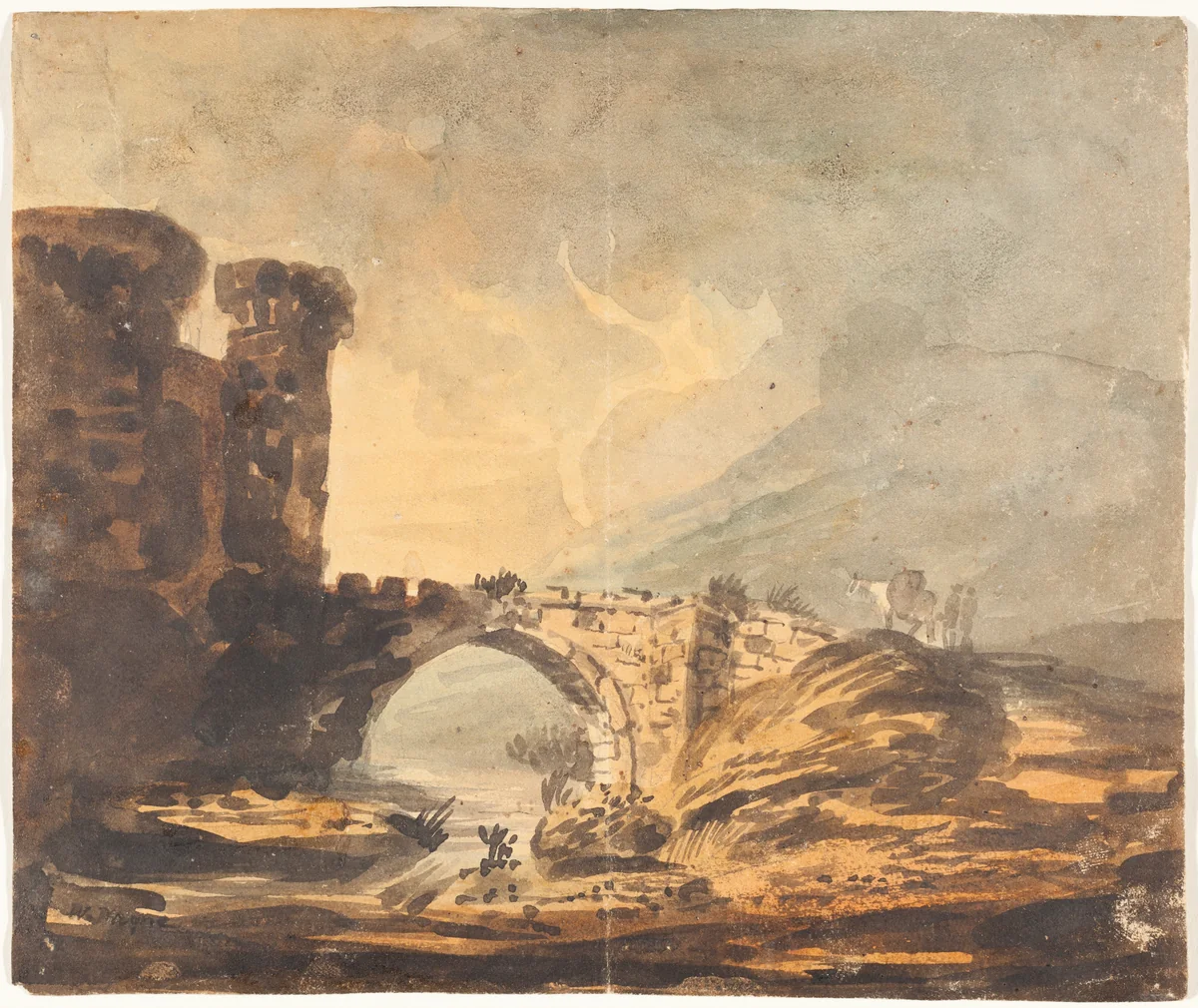 Landscape with a Castle and Bridge by William Payne, drawing, 1760-1830
