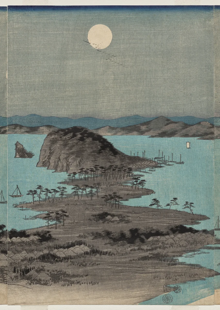 Evening View of the Eight Famous Places near Kanazawa Under Full Moon in Musashi Province by Utagawa Hiroshige (歌川広重), print, 1857