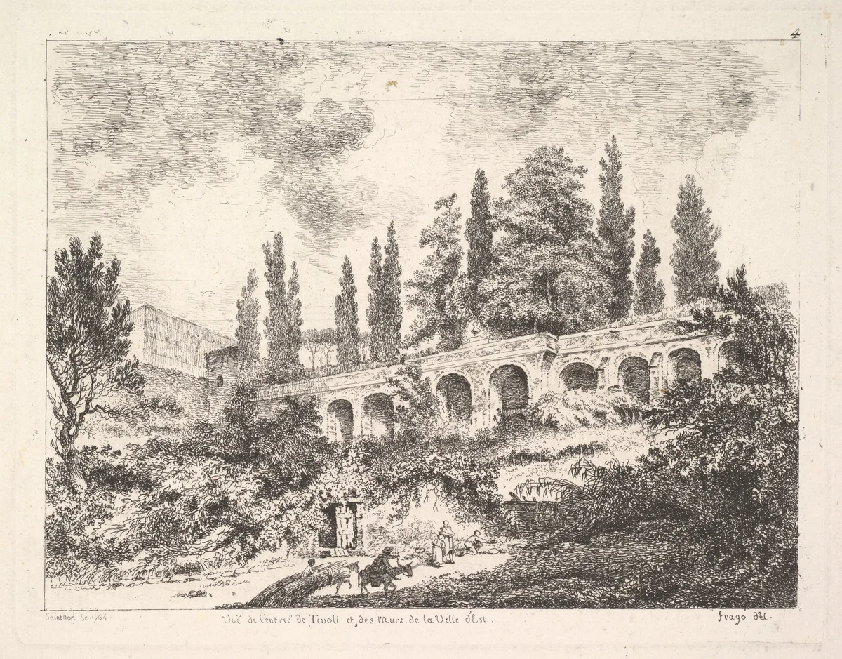 View of the entrance to Tivoli and the walls of the Villa d'Este, horsemen approaching the entrance at bottom center, arched entrance in the middleground, cyrus trees and other plants surrounding by Jean Claude Richard, print, 1727-1791