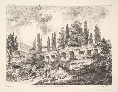 View of the entrance to Tivoli and the walls of the Villa d'Este, horsemen approaching the entrance at bottom center, arched entrance in the middleground, cyrus trees and other plants surrounding by Jean Claude Richard, print, 1727-1791