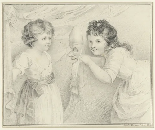 Twee meisjes met een masker by H.A. Moulinneuf, drawing, 1803