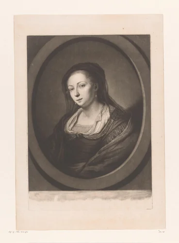 Portret van een onbekende vrouw met doorzichtige sluier en pareloorbellen by Jonathan Spilsbury, print, 1752-1812