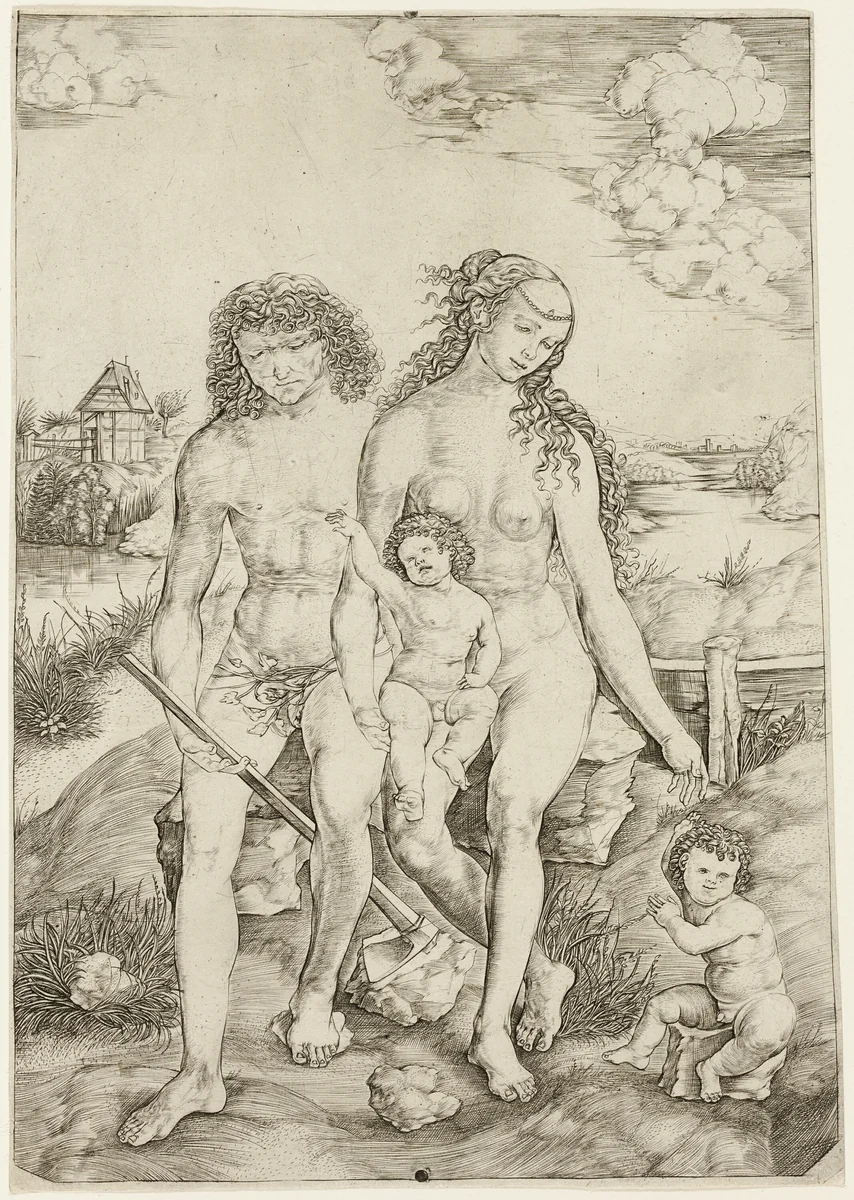 Adam and Eve with the Infants Cain and Abel by Cristofano Robetta, print, 1500-1510