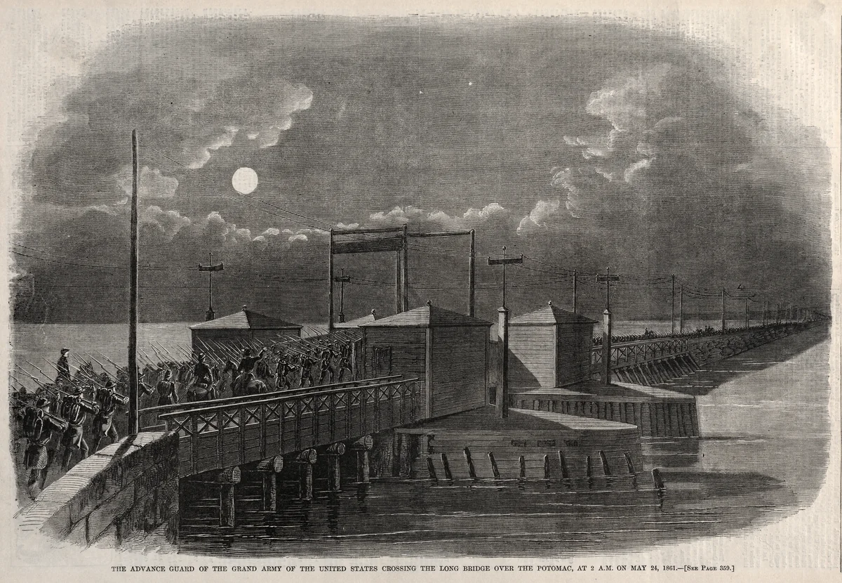 The Advance Guard of the Grand Army of the United States Crossing the Long Bridge over the Potomac, at 2 a.m. on May 24, 1861 by Winslow Homer, print, 1861