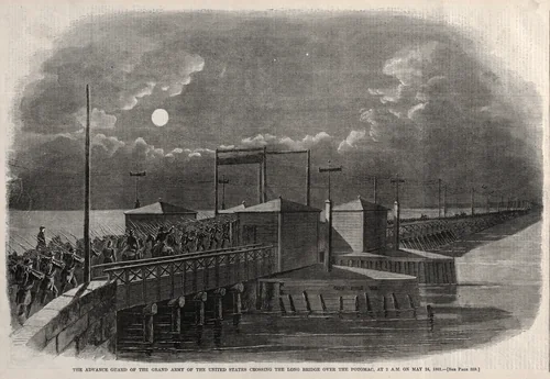 The Advance Guard of the Grand Army of the United States Crossing the Long Bridge over the Potomac, at 2 a.m. on May 24, 1861 by Winslow Homer, print, 1861