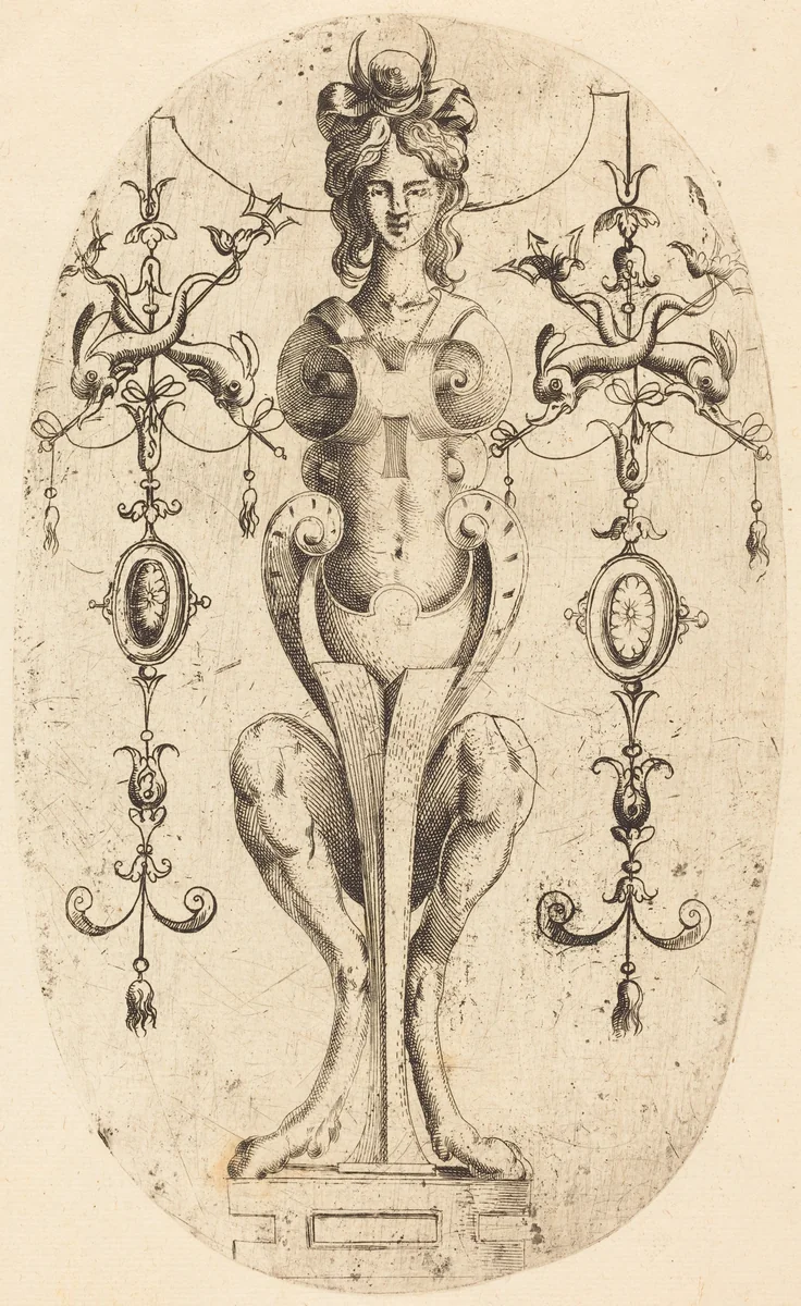 Sphinx Wearing a Crescent on Her Head by Jean Mignon, print, 1523-1603