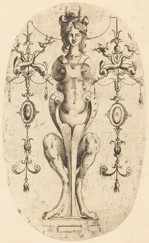 Sphinx Wearing a Crescent on Her Head by Jean Mignon, print, 1523-1603