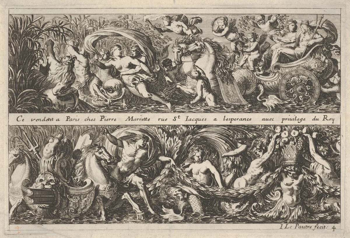 Two Designs for Frieze Decorations with Sea Creatures, of which one features Neptune and Amphitrite, from "Frises, feuillages ou tritons marins antiques et modernes" by Jean Le Pautre, print, 1618-1682