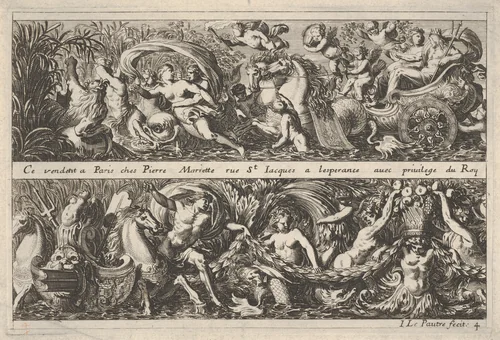 Two Designs for Frieze Decorations with Sea Creatures, of which one features Neptune and Amphitrite, from "Frises, feuillages ou tritons marins antiques et modernes" by Jean Le Pautre, print, 1618-1682