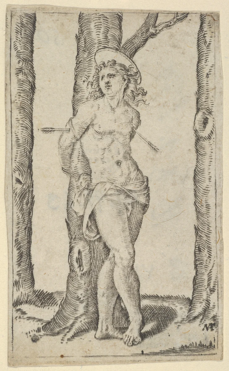 Saint Sebastian tied to tree pierced with arrows, from "Piccoli Santi" (Small Saints) by Marcantonio Raimondi, print, 1495-1532
