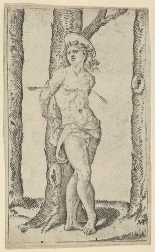 Saint Sebastian tied to tree pierced with arrows, from "Piccoli Santi" (Small Saints) by Marcantonio Raimondi, print, 1495-1532