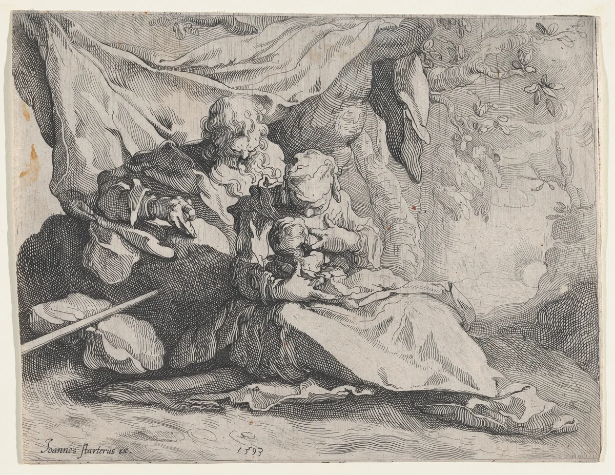 The Rest on the Flight into Egypt by Gerrit Pietersz. Sweelink, print, 1593