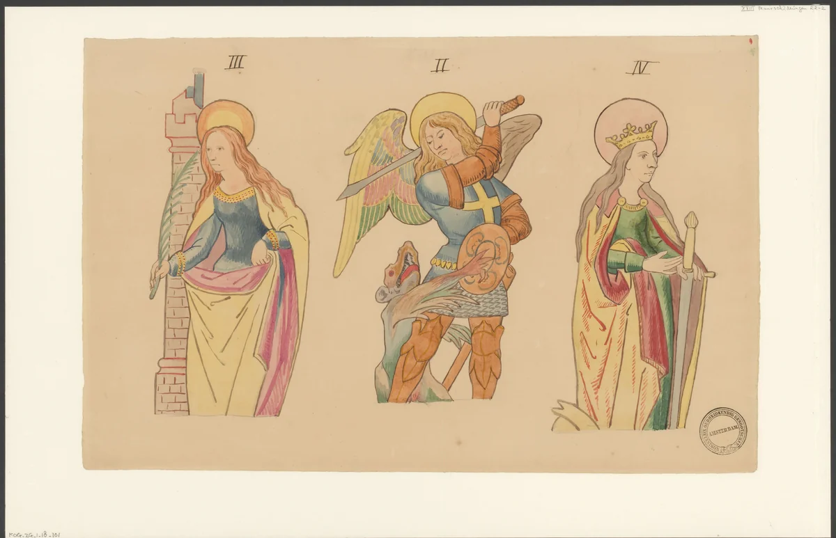 Heilige Barbara, aartsengel Michaël en Heilige Catharina by anonymous, drawing, 1850-1949