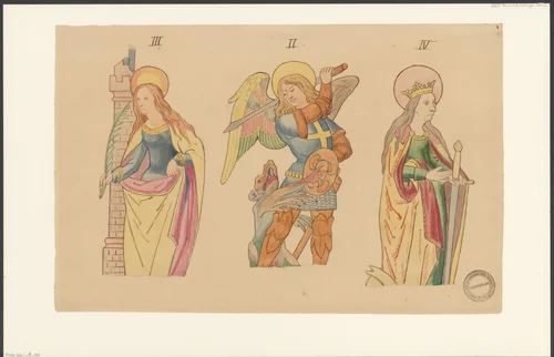 Heilige Barbara, aartsengel Michaël en Heilige Catharina by anonymous, drawing, 1850-1949