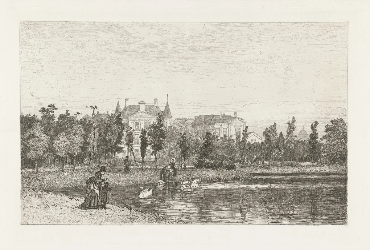 Zwanen voeren in het Vondelpark by Johan Conrad Greive, print, 1847-1891