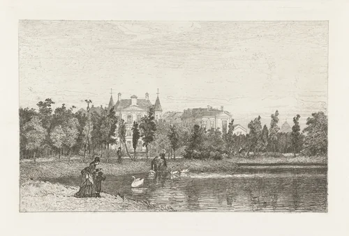 Zwanen voeren in het Vondelpark by Johan Conrad Greive, print, 1847-1891