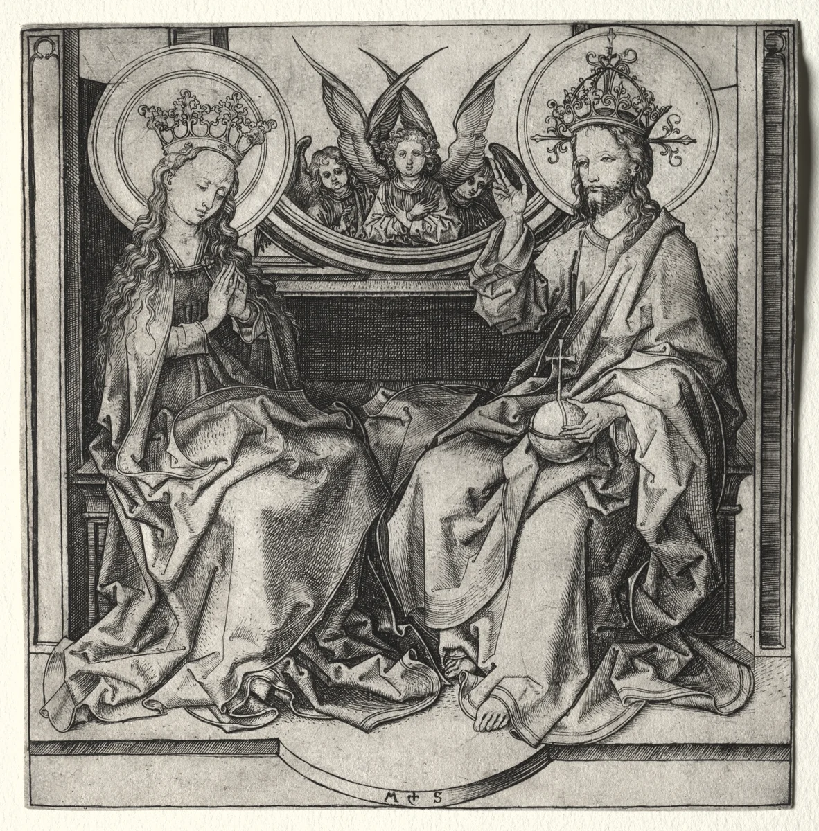 God the Father and the Blessed Virgin Enthroned Attended by Angels by Martin Schongauer, print, 1475-1491