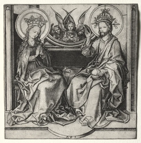 God the Father and the Blessed Virgin Enthroned Attended by Angels by Martin Schongauer, print, 1475-1491