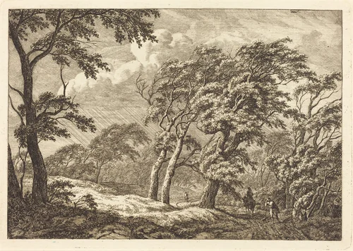 Travelers on a Forest Road in a Storm by Franciscus A. Milatz, print, 1763-1808