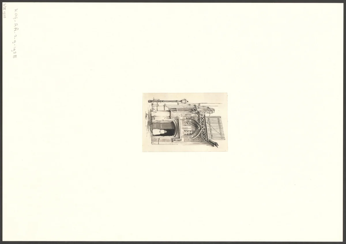 Gezicht op de ingang van de Oude Kerk by anonymous, drawing, 1825-1925