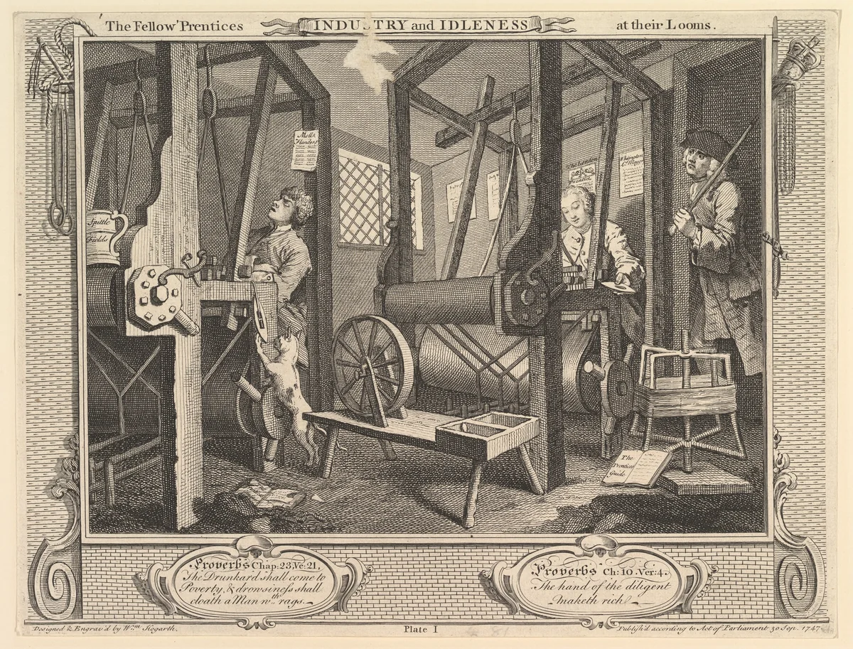 The Fellow 'Prentices at their Looms: Industry and Idleness, plate 1 by William Hogarth, print, 1747