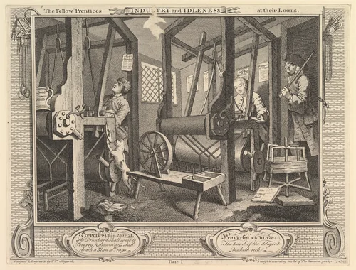 The Fellow 'Prentices at their Looms: Industry and Idleness, plate 1 by William Hogarth, print, 1747
