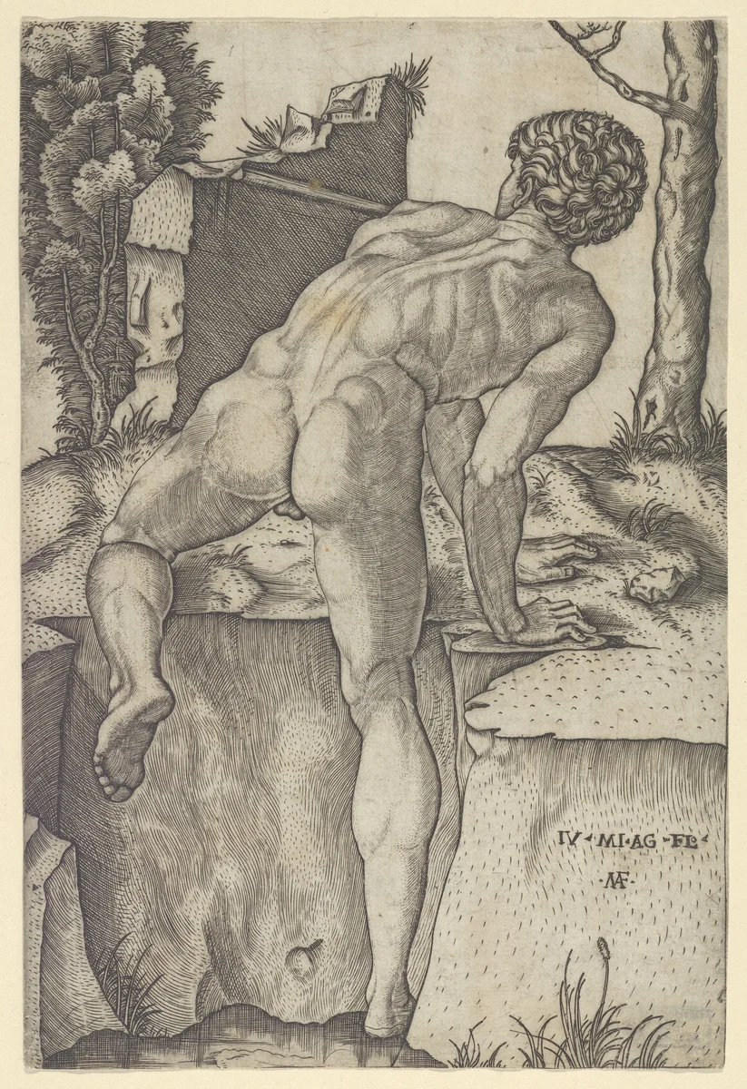 Naked man viewed from behind climbing a river bank, after Michelangelo by Marcantonio Raimondi, print, 1495-1539