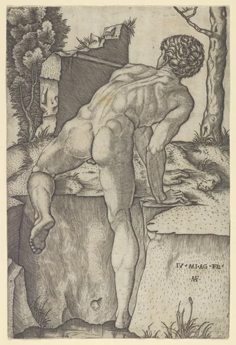 Naked man viewed from behind climbing a river bank, after Michelangelo by Marcantonio Raimondi, print, 1495-1539