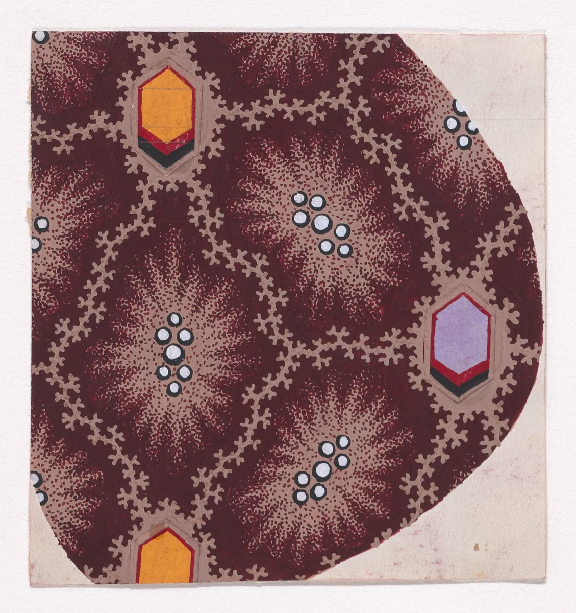 Textile Design with Alternating Hexagons and Starlike Shapes with Pearls in the Center Framed by a Network of Garlands of Branches by anonymous, drawing, 1840