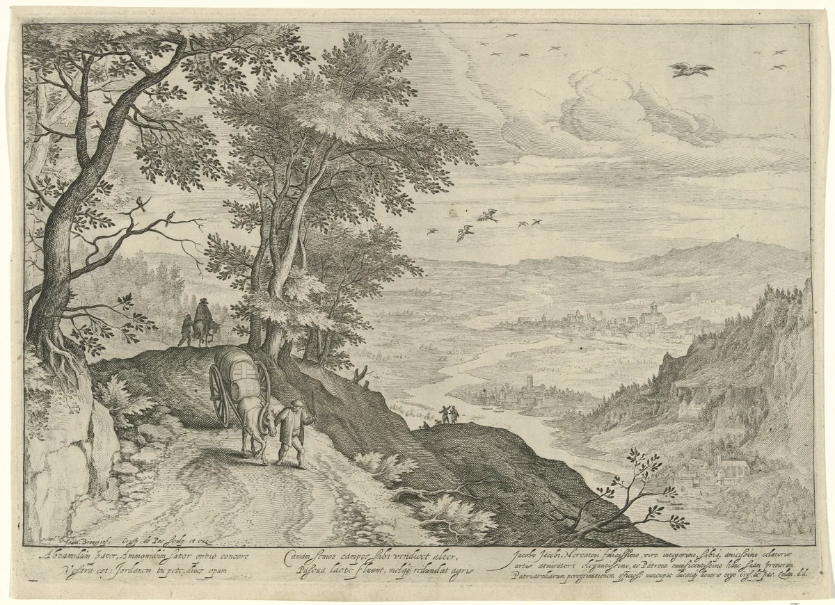 Heuvelachtig landschap met bospad by Unknown, print, 1588-1589