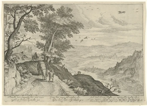 Heuvelachtig landschap met bospad by Unknown, print, 1588-1589