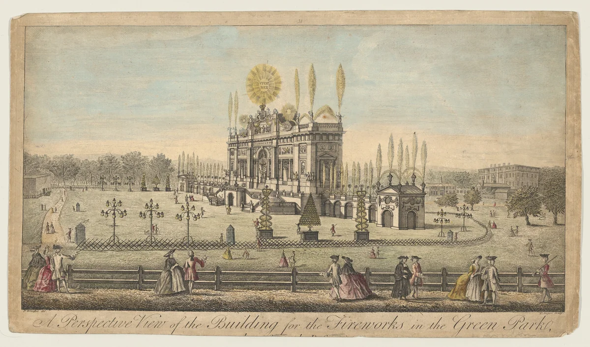 A Perspective View of the Building for the Fireworks in the Green Park taken from the Reservoir, London, 1814 by Paul Angier, print, 1809-1819
