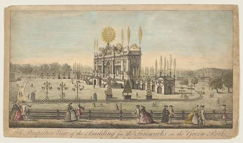 A Perspective View of the Building for the Fireworks in the Green Park taken from the Reservoir, London, 1814 by Paul Angier, print, 1809-1819