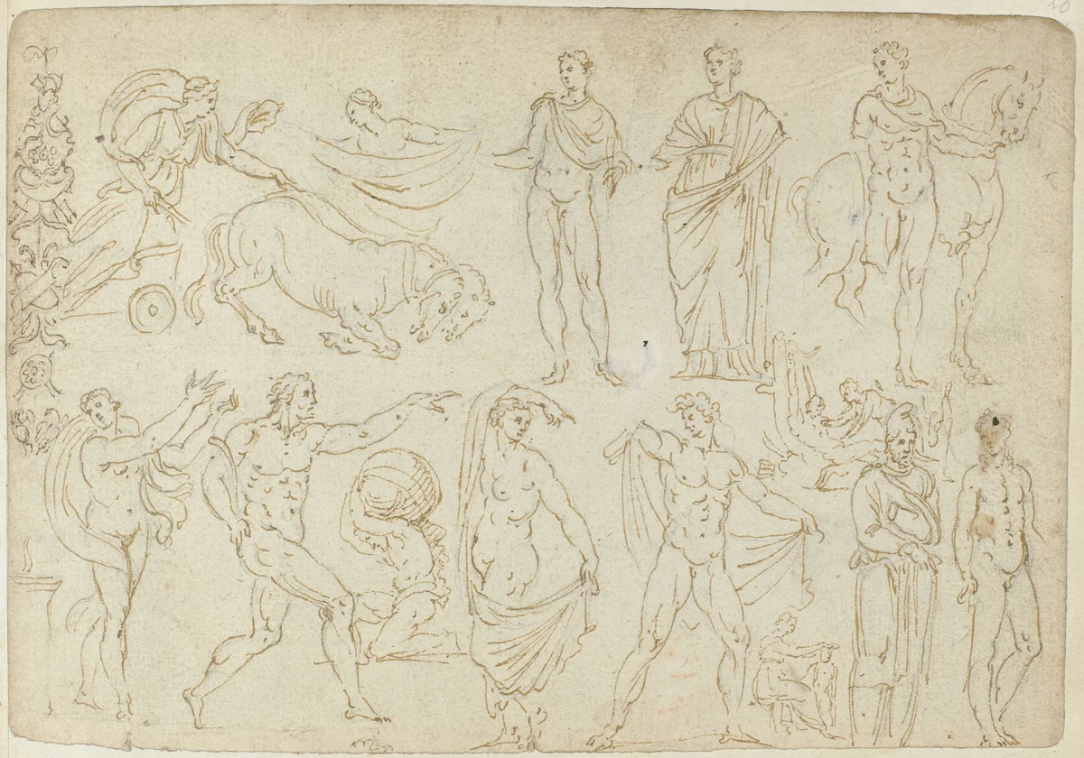 Voorstellingen van sarcofagen en antieke beelden by anonymous, drawing, 1550-1570