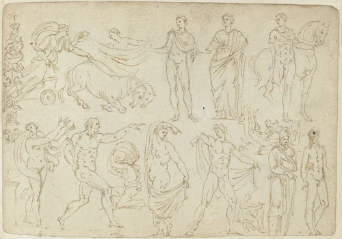 Voorstellingen van sarcofagen en antieke beelden by anonymous, drawing, 1550-1570