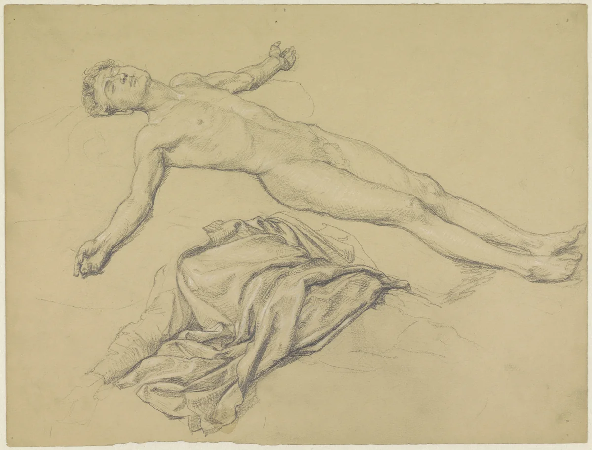 Studie van een liggende naakte man en draperie by Theodor Grosse, drawing, 1839-1891
