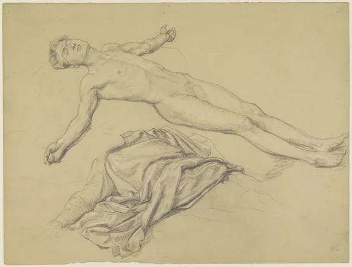 Studie van een liggende naakte man en draperie by Theodor Grosse, drawing, 1839-1891