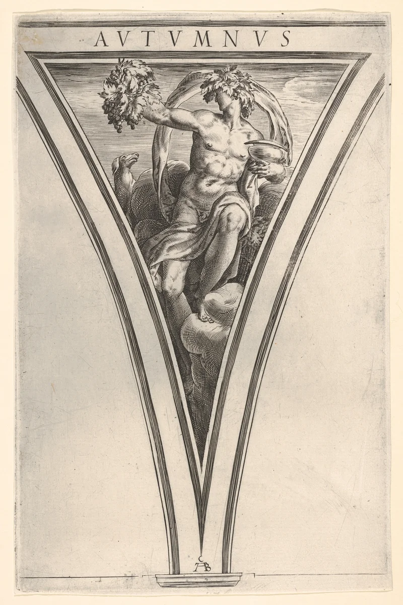 Autumn (Autumnus), represented as a seated male figure bearing grapes in his right hand and a lidded vessel in his left hand, with a billowing drape and grape wreath, a spandrel-shaped composition from "The Four Seasons" by Cherubino Alberti, print, 1570-1615
