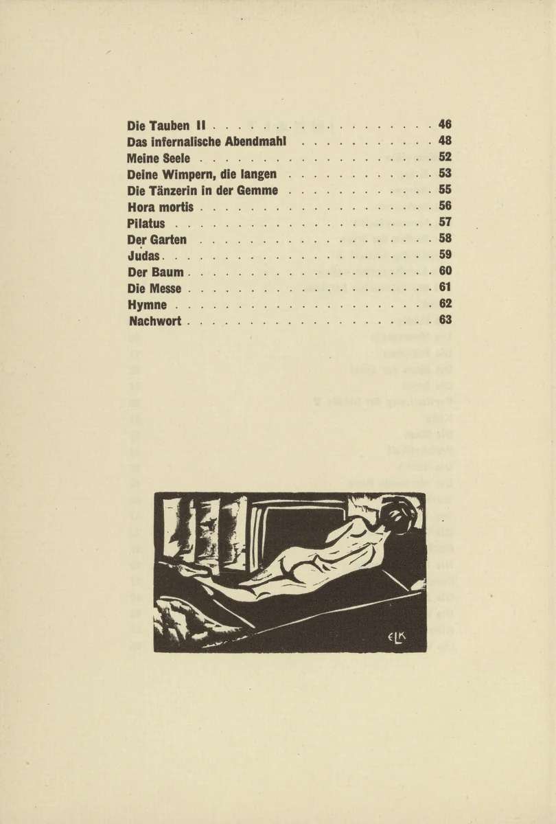 Reclining Nude (Liegender Rückenakt) (tailpiece, table of contents) from Umbra Vitae (Shadow of Life) by Ernst Ludwig Kirchner, illustrated book, 1905