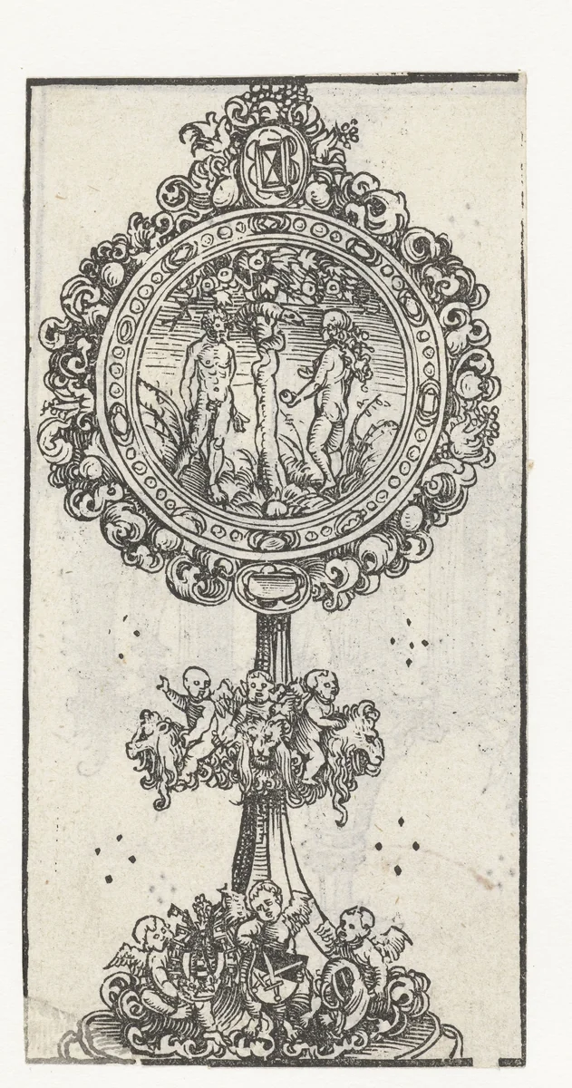 Reliekhouder met de verzoeking van Adam en Eva by Lucas Cranach, print, 1509-1549