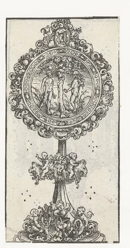 Reliekhouder met de verzoeking van Adam en Eva by Lucas Cranach, print, 1509-1549