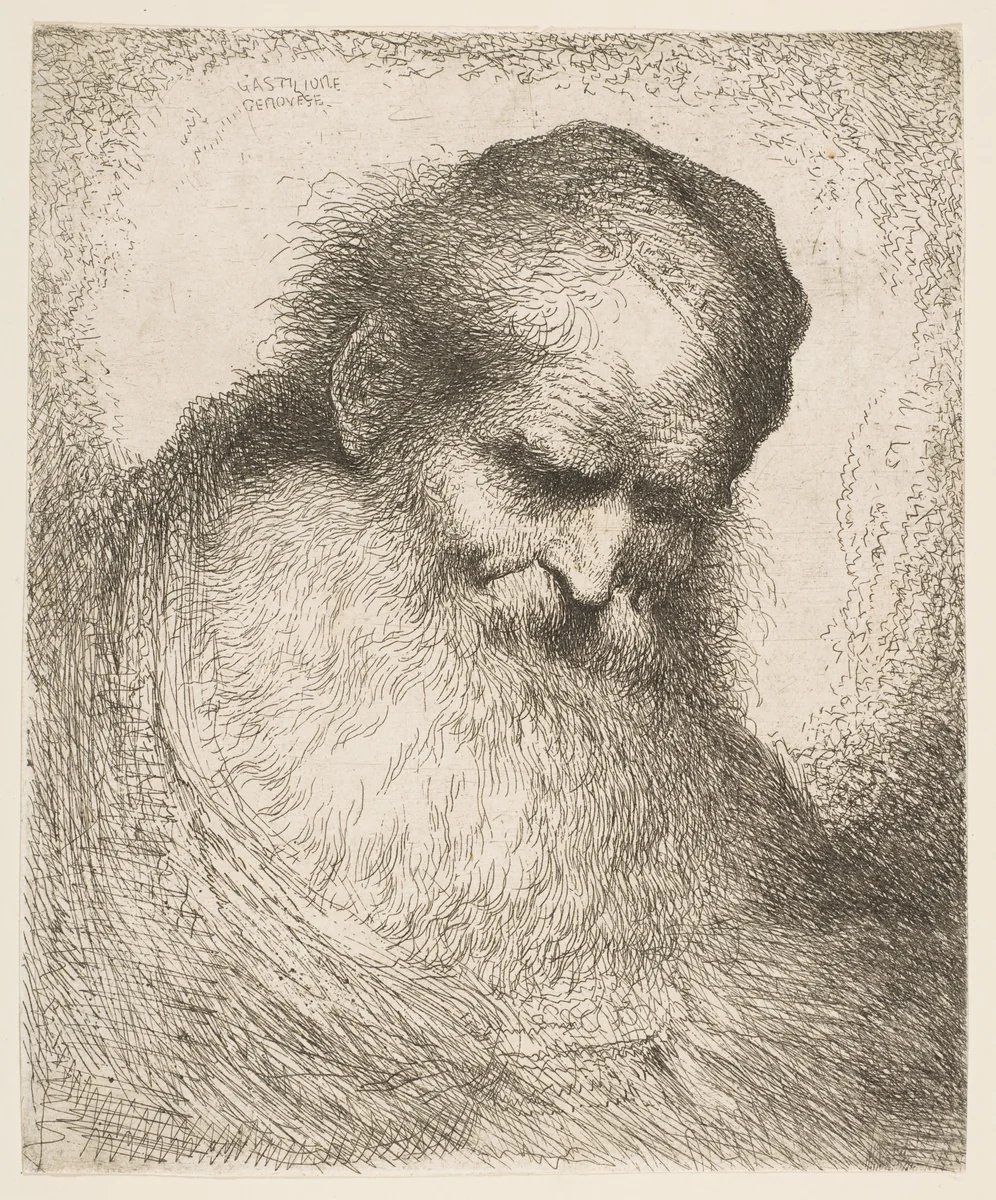 A bearded man wearing a cap looking down to the right, from "Heads in Oriental Headdress" by Giovanni Benedetto Castiglione, print, 1643-1653