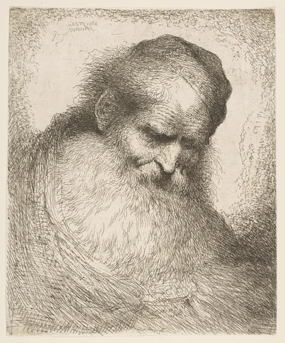 A bearded man wearing a cap looking down to the right, from "Heads in Oriental Headdress" by Giovanni Benedetto Castiglione, print, 1643-1653