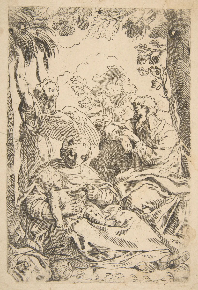 Repose in Egypt, Holy Family seated while an angel pulls at tree branches, copy after Cantarini by Simone Cantarini, print, 1632-1642