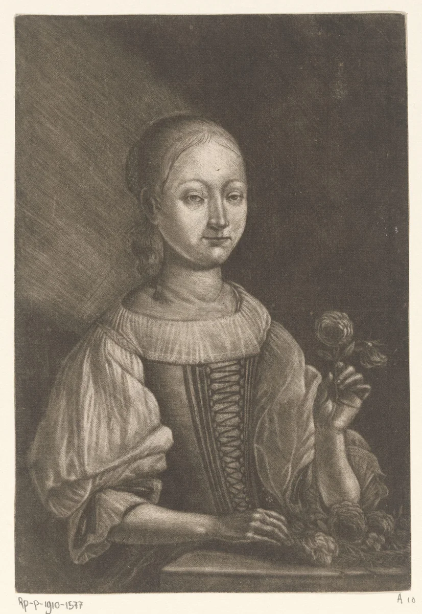 Meisje met een roos by Martin Dichtl, print, 1649-1710
