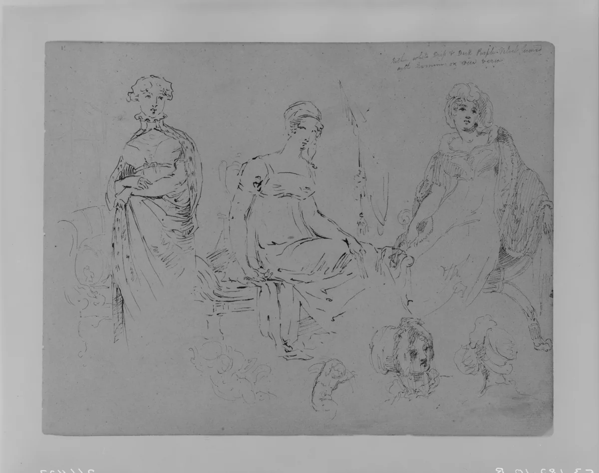 One Standing Woman; Two Seated Women in Fashionable Attire, All 3/4 Length; Two Female Heads in Bonnets (from Sketchbook) by Thomas Sully, artwork, 1810-1820