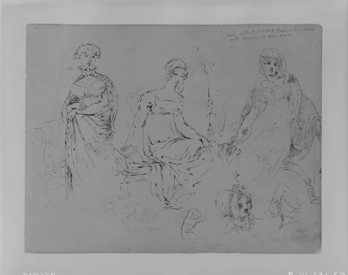One Standing Woman; Two Seated Women in Fashionable Attire, All 3/4 Length; Two Female Heads in Bonnets (from Sketchbook) by Thomas Sully, artwork, 1810-1820