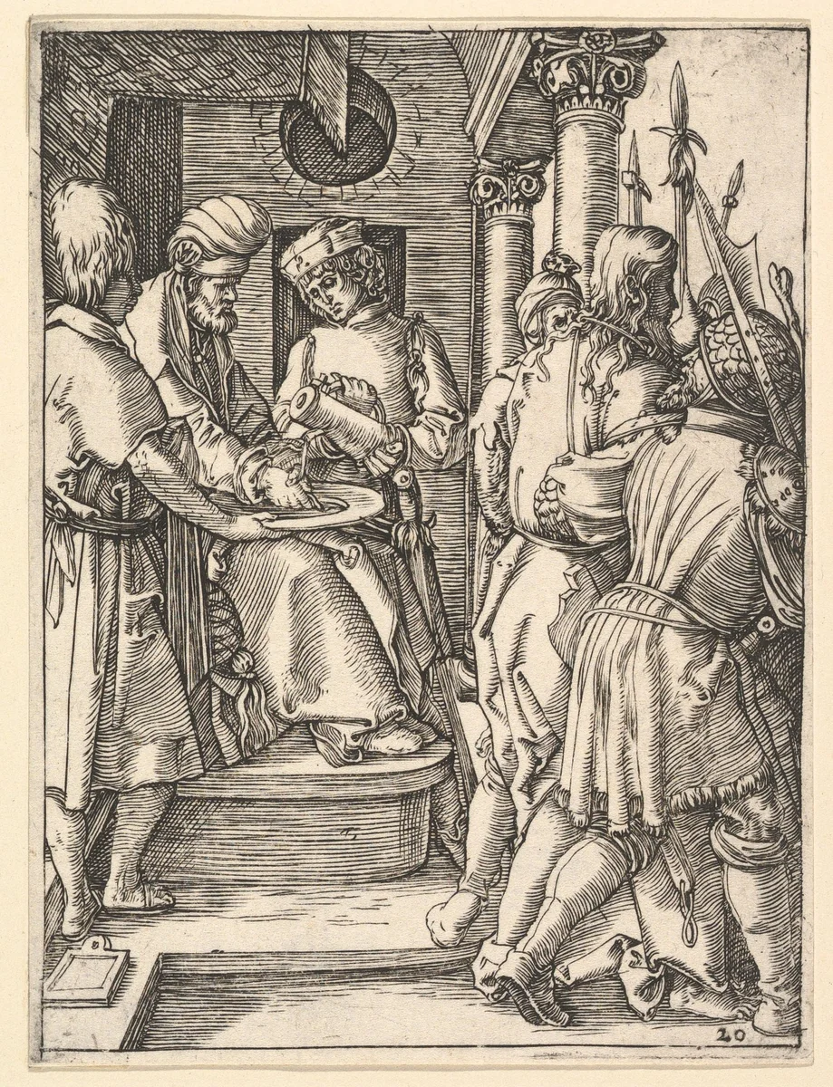 Pilate sitting on throne and washing hands while Christ is lead away by henchmen, from "The Passion of Christ", after Dürer by Marcantonio Raimondi, print, 1495-1539